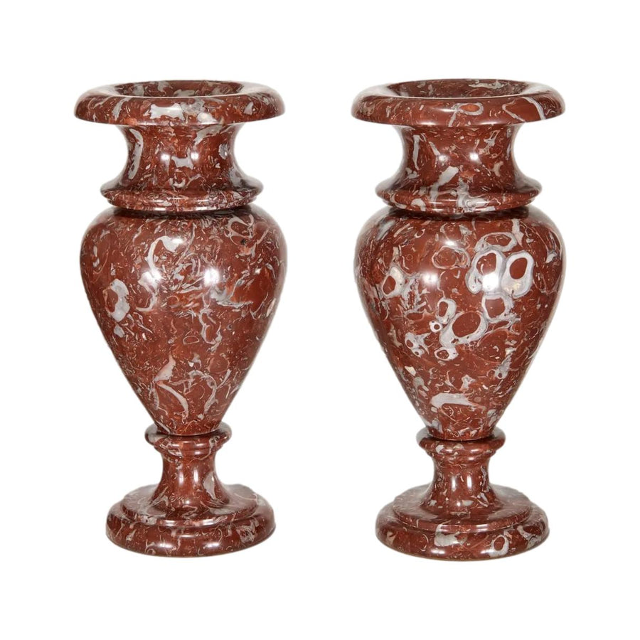 Pair of Red Fossilized Marble Urns