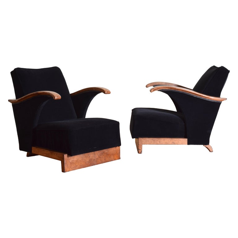 Pair of Leather and Velvet Upholstered Armchairs