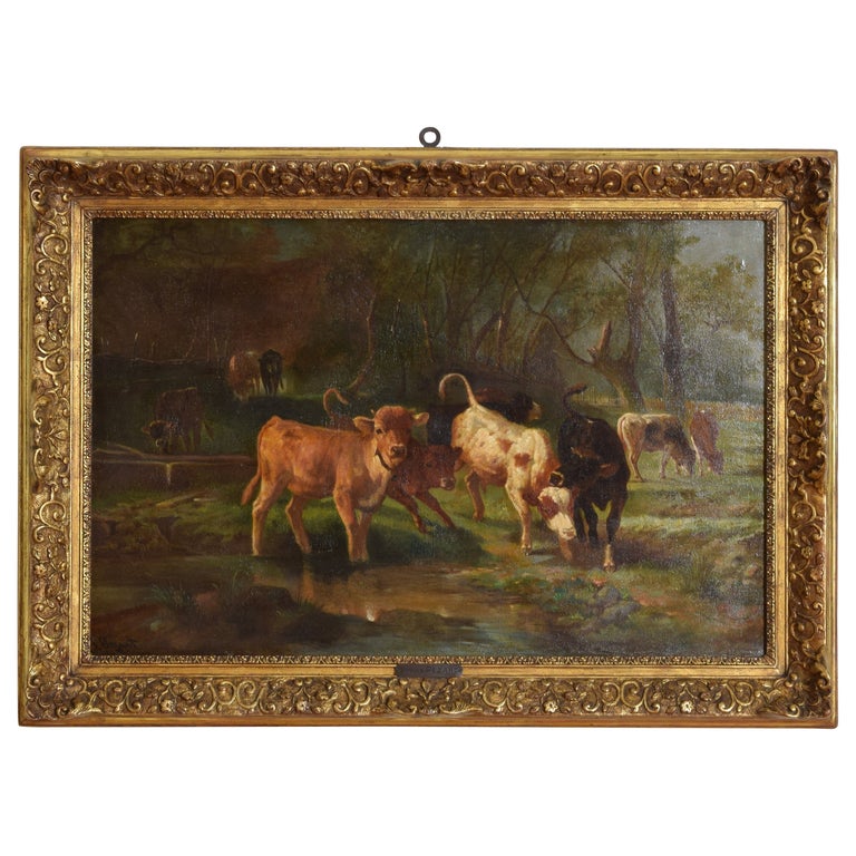 Oil on Canvas, Cows Watering at Stream