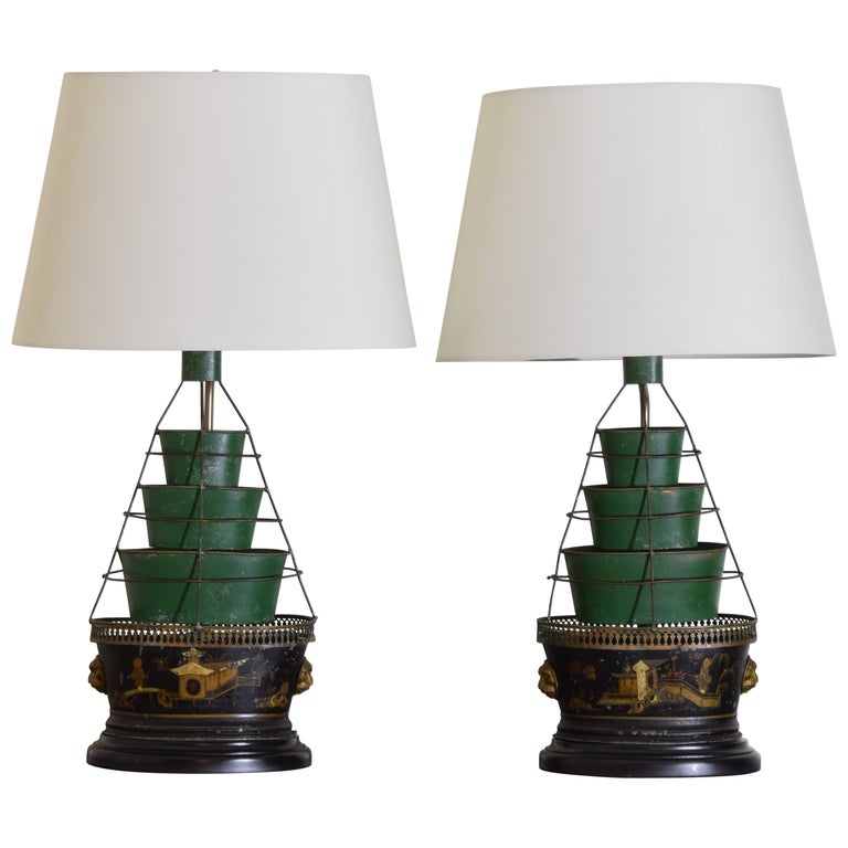 Pair of Tole Chinoiserie Tulip Jardinieres Mounted as Table Lamps