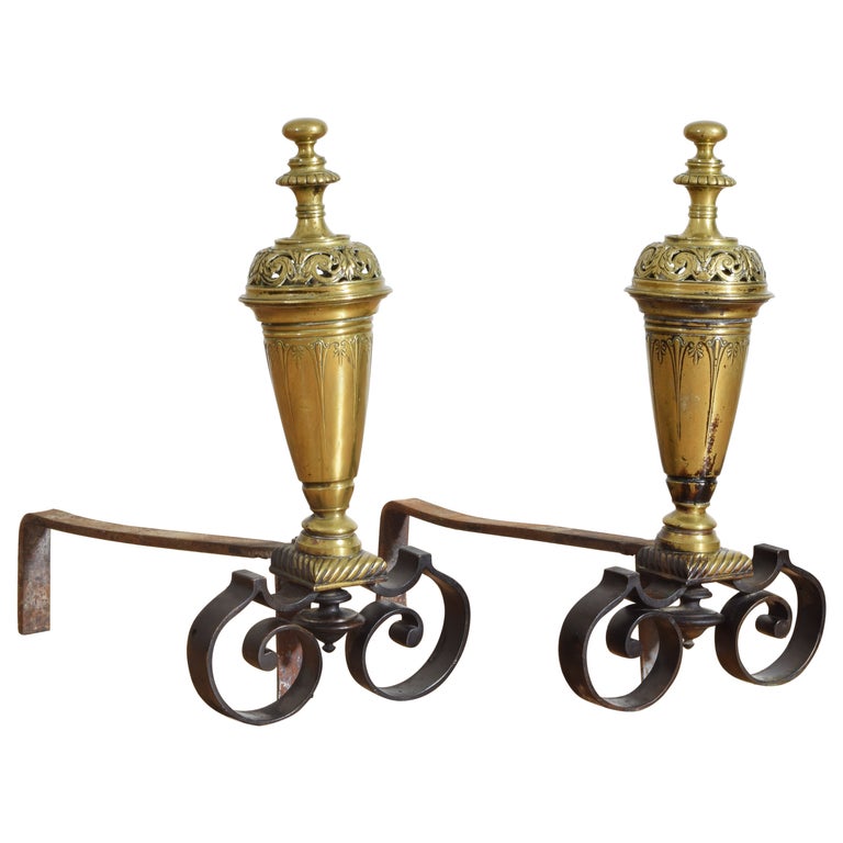 Pair of Brass and Iron Urn-Form Andirons