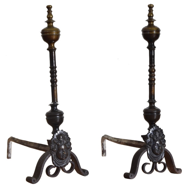 Pair of Brass and Wrought Iron Andirons