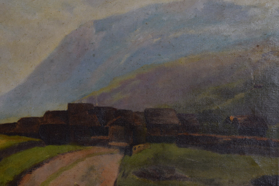 Oil on Canvas, Pathway Leading to Village in Mountainous Landscape