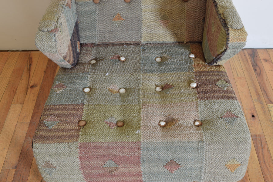 Pair of Light Walnut and Kilim Upholstered Bergeres