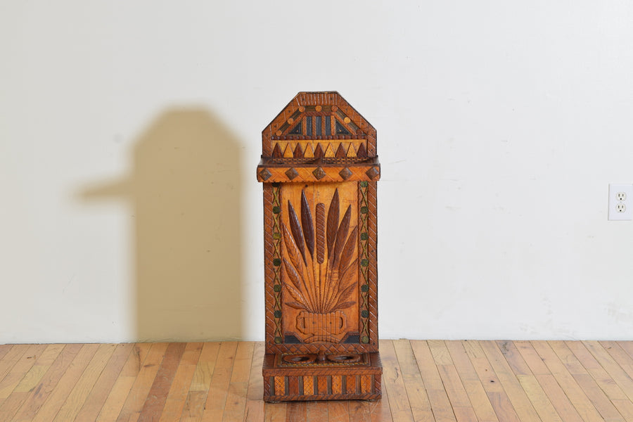 Carved Pinewood and Painted Wood Umbrella Stand