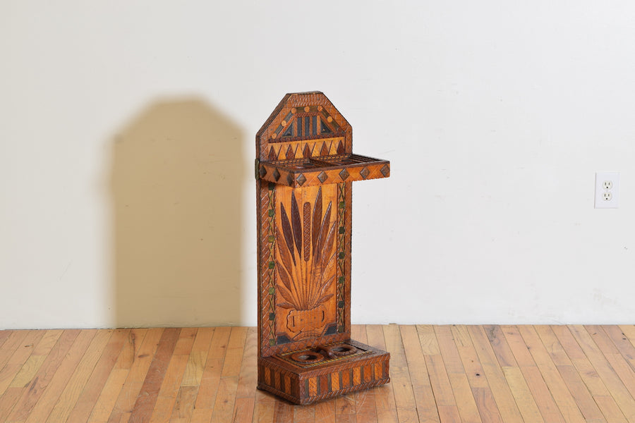 Carved Pinewood and Painted Wood Umbrella Stand