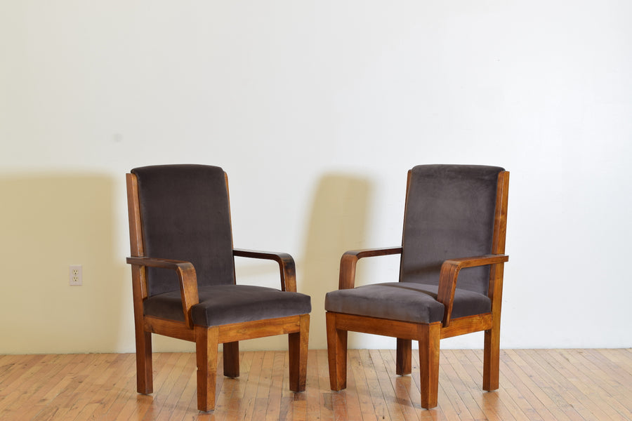 Pair of Walnut and Velvet Upholstered Armchairs