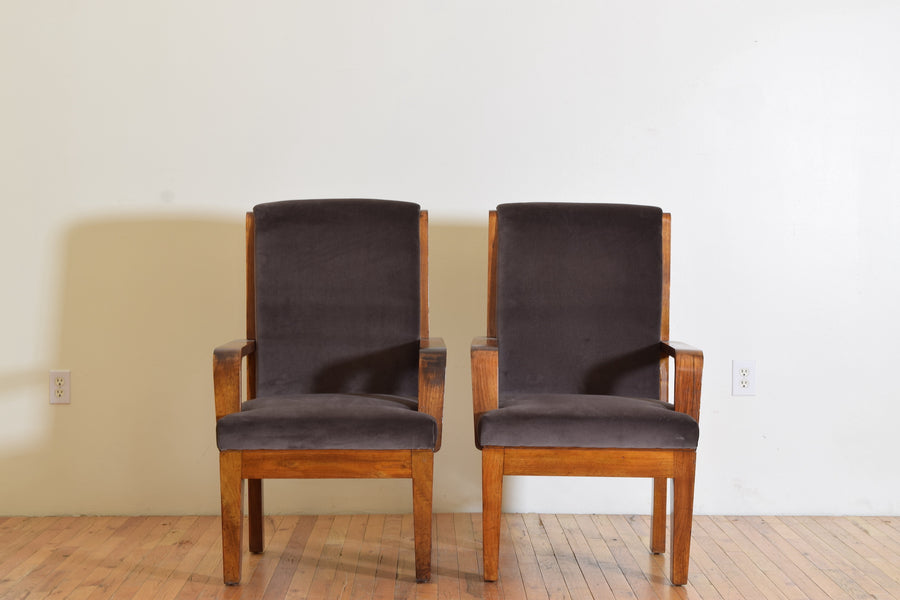 Pair of Walnut and Velvet Upholstered Armchairs