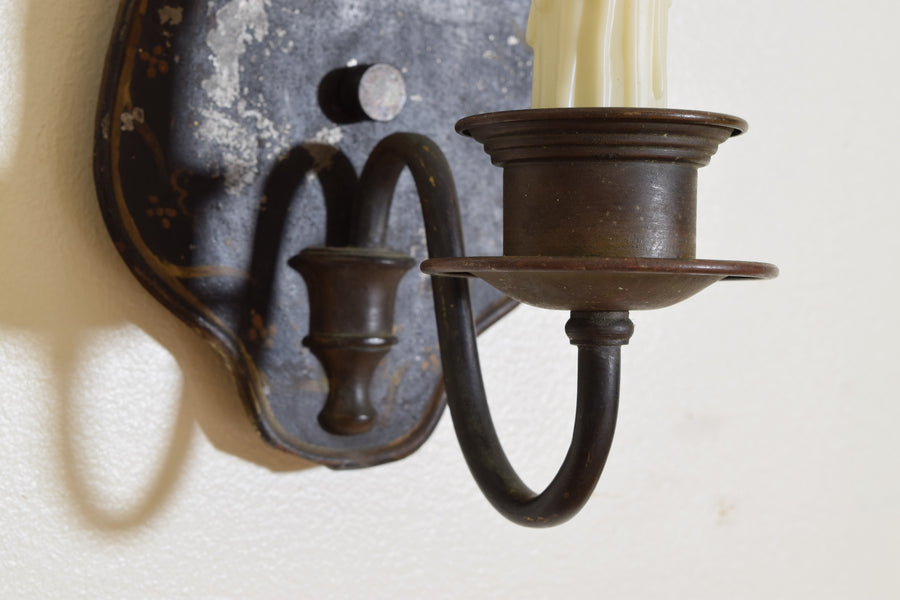 Pair of Painted Tole and Brass 1-Arm Sconces