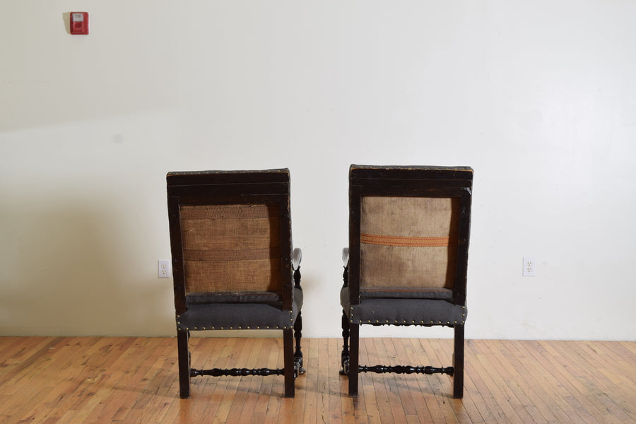 Pair of Dark Walnut and Upholstered Poltrone