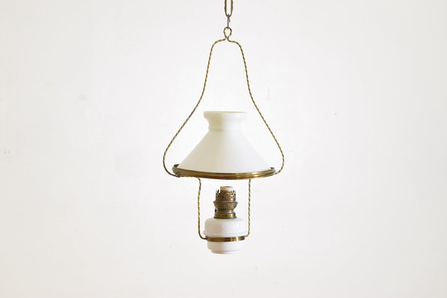 Brass and White Glass Hanging Oil Lamp