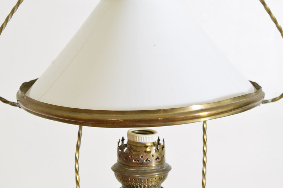 Brass and White Glass Hanging Oil Lamp