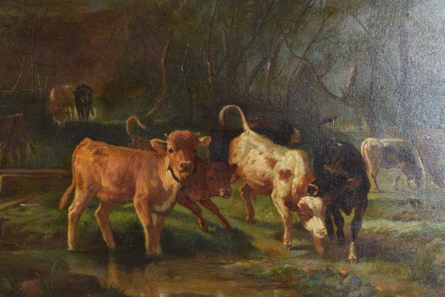 Oil on Canvas, Cows Watering at Stream