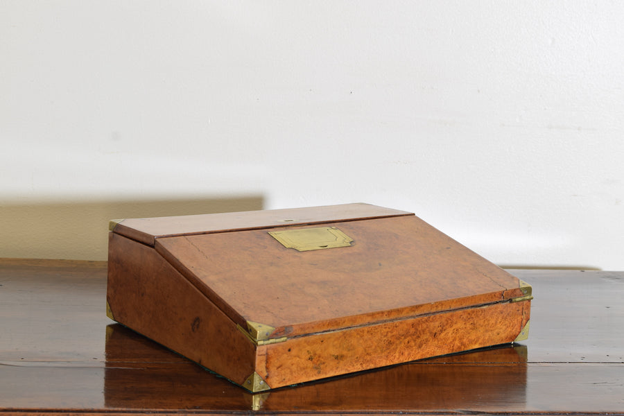 Burl Walnut, Brass, and Leather Portable Writing Desk