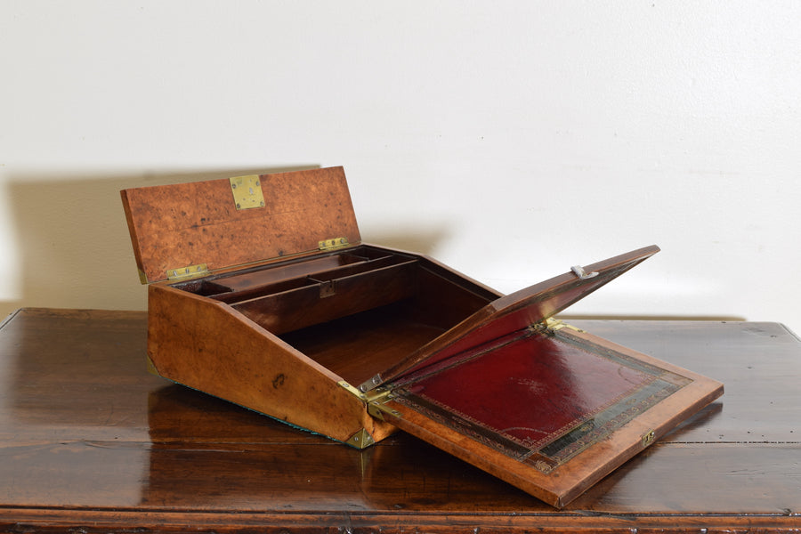 Burl Walnut, Brass, and Leather Portable Writing Desk