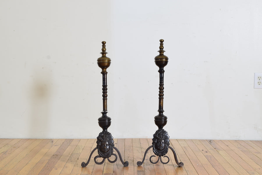 Pair of Brass and Wrought Iron Andirons