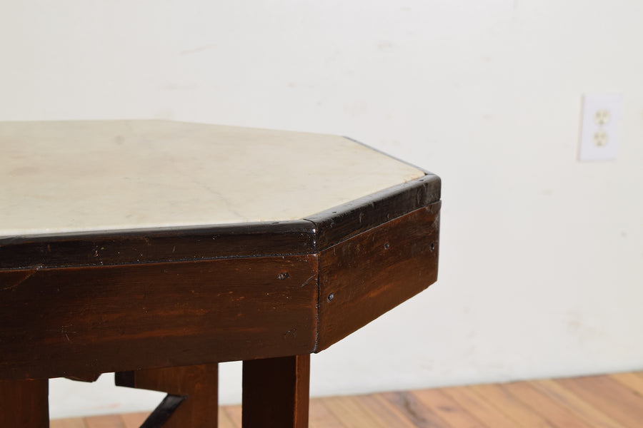 Shaped Hardwood and Marble-Top Side Table