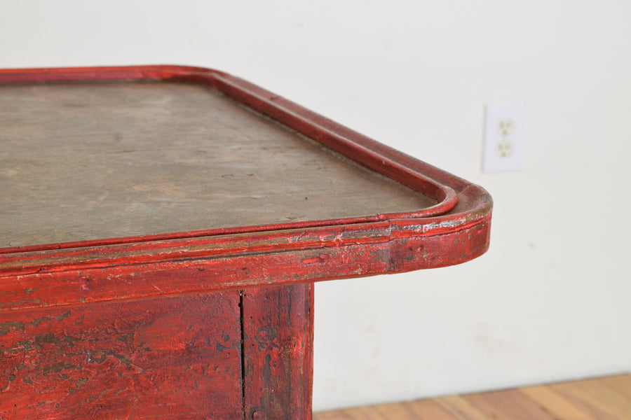 Shaped and Red Painted Walnut 1-Drawer Table