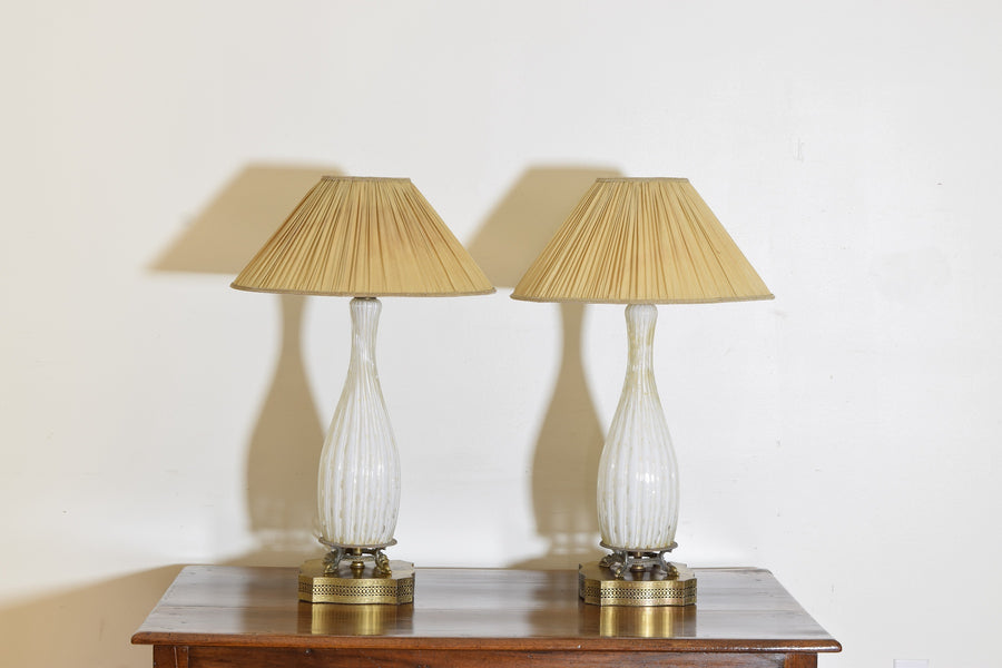 Pair of Murano Blown Glass and Brass Table Lamps