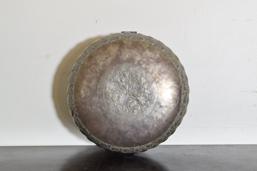 Cast Silvered Brass Hinged and Handled Circular Box