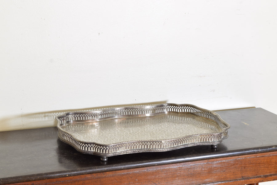 Engraved Silver Plate Serving Tray with Pierced Gallery