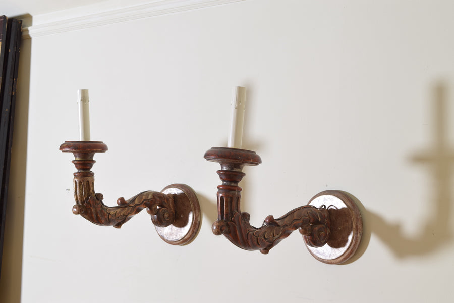Near Pair of Giltwood and Mecca Sconces