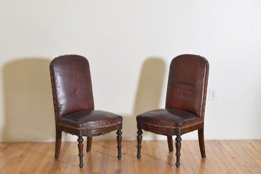 Pair of Walnut and Leather Salon Chairs