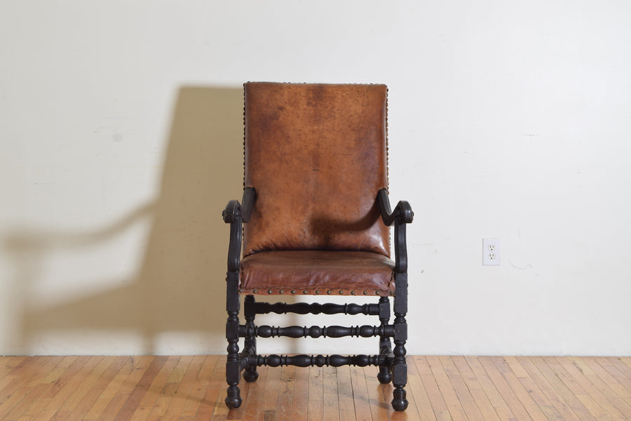 Ebonized Walnut and Leather Upholstered Armchair