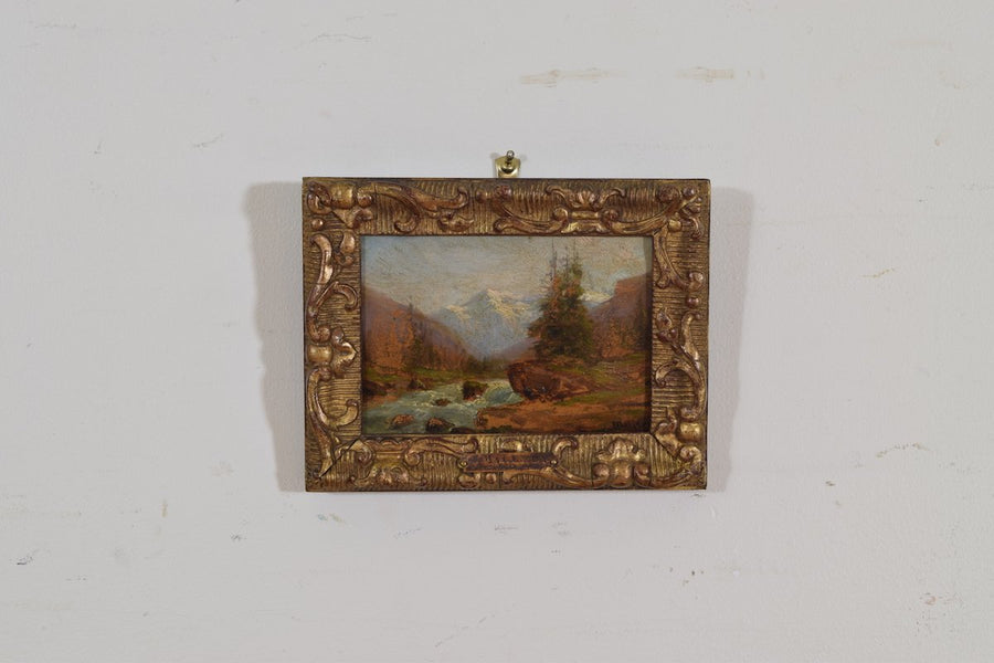 Oil on Wooden Panel Signed Charles Malfroy, Alpine River Scene