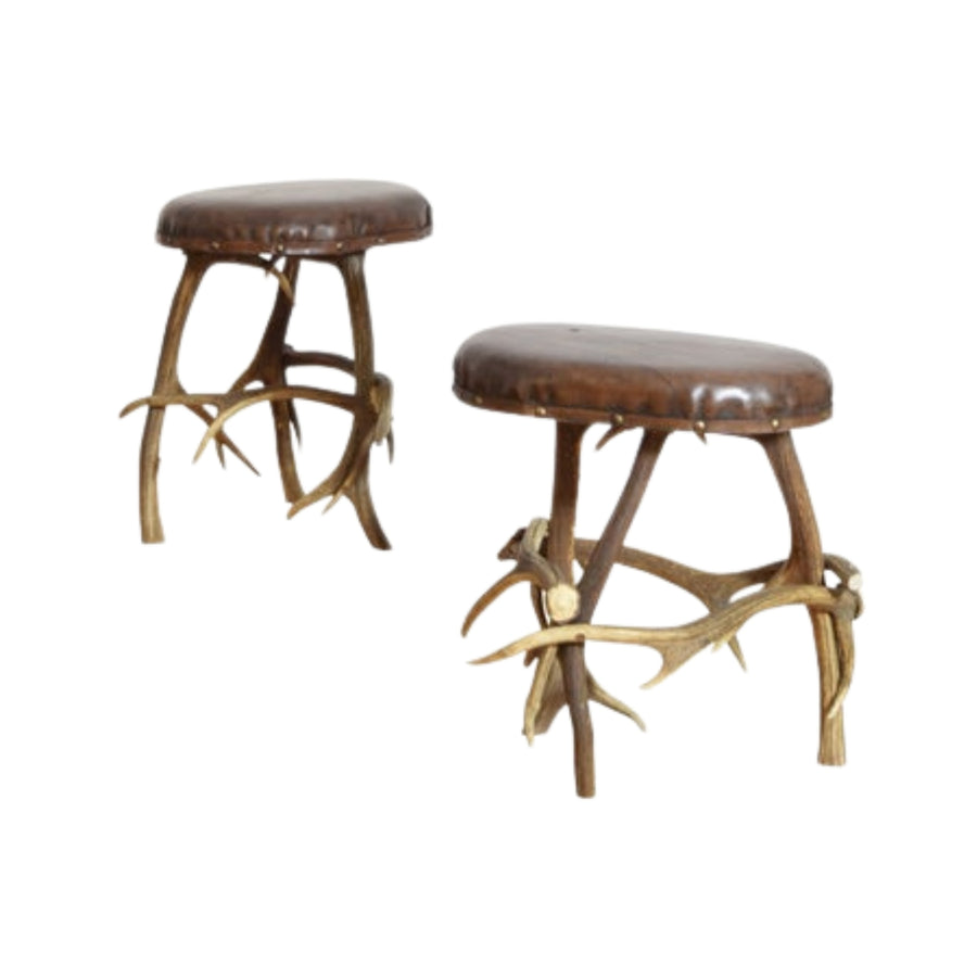 Pair of Antler and Leather Upholstered Benches