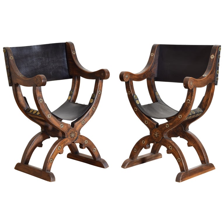 Pair of Walnut and Bone Inlaid Curule Form Armchairs