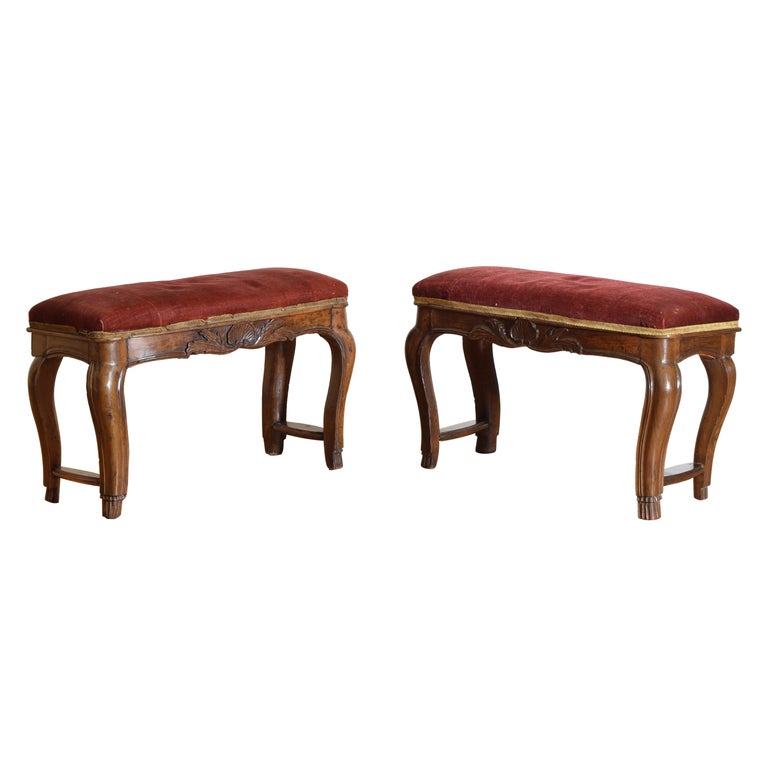 Pair of Carved and Shaped Walnut Upholstered Benches