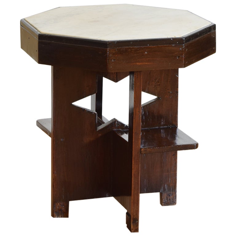 Shaped Hardwood and Marble-Top Side Table