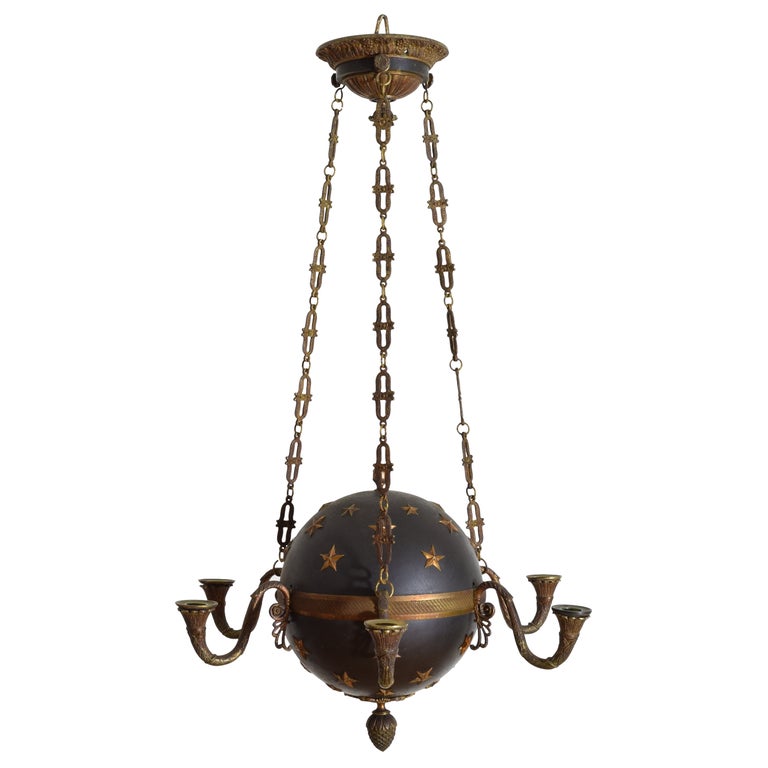 Patinated Metal and Bronze 6-light Celestial Globe Chandelier