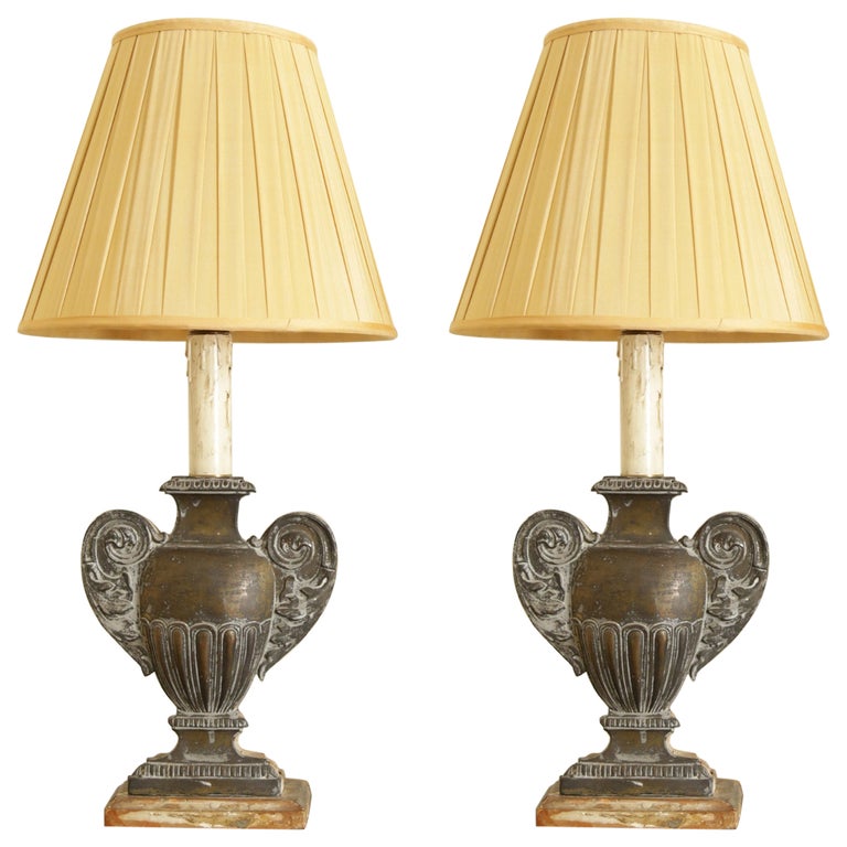 Pair of Silvered Brass Urn-Form Table Lamps