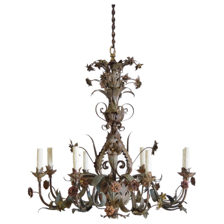 Polychrome Painted Wrought Iron and Metal 8-Light Chandelier