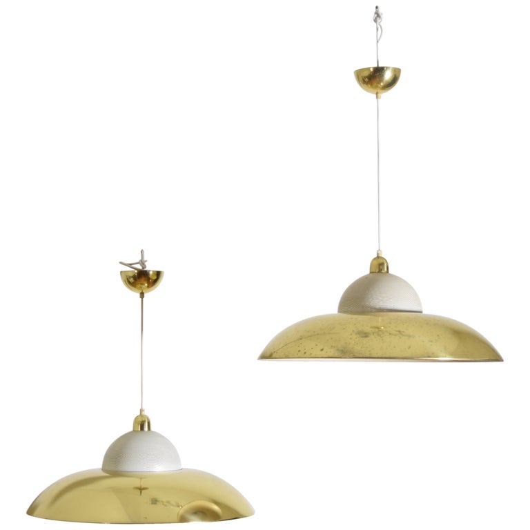 Pair of Large Brass and Painted Metal Pendant Lights