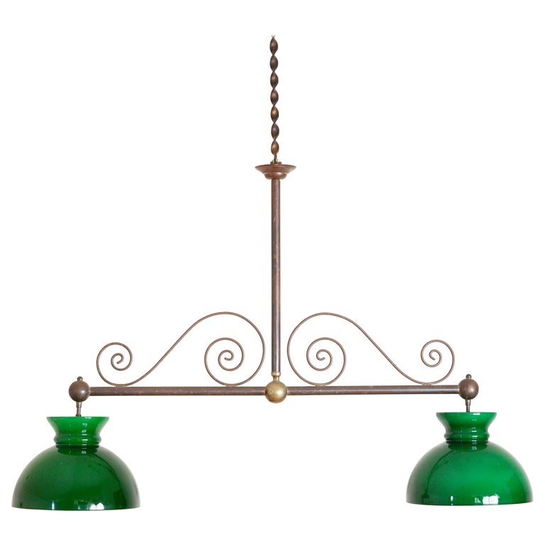 Brass and Green Glass 2-Light Billiards Fixture