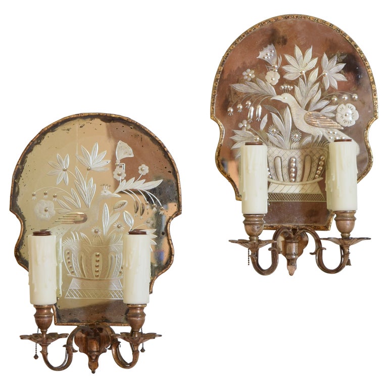 Pair of Caldwell & Co. Etched Mirrored 2-Light Sconces