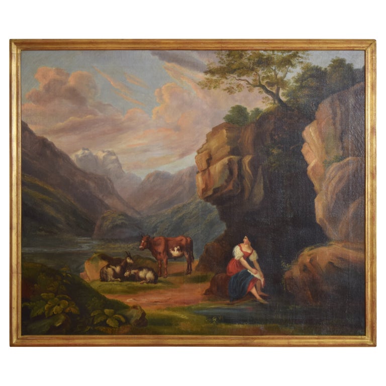 Oil on Canvas, Rocky Landscape with Animals and Figure