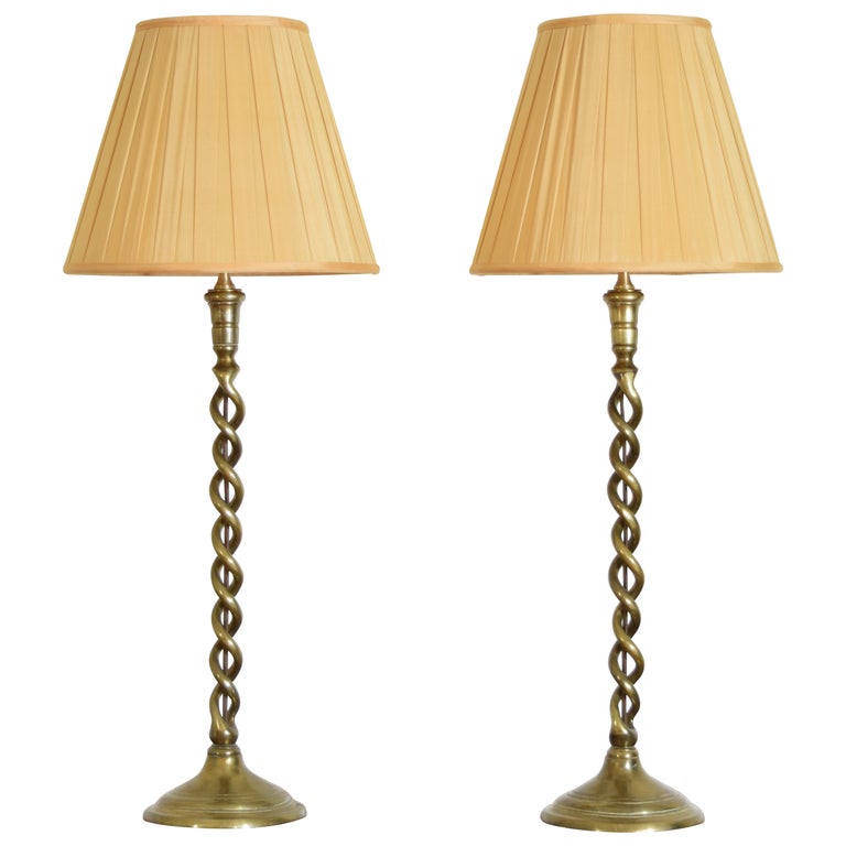 Pair of Spiral Cast Brass Candlesticks as Lamps