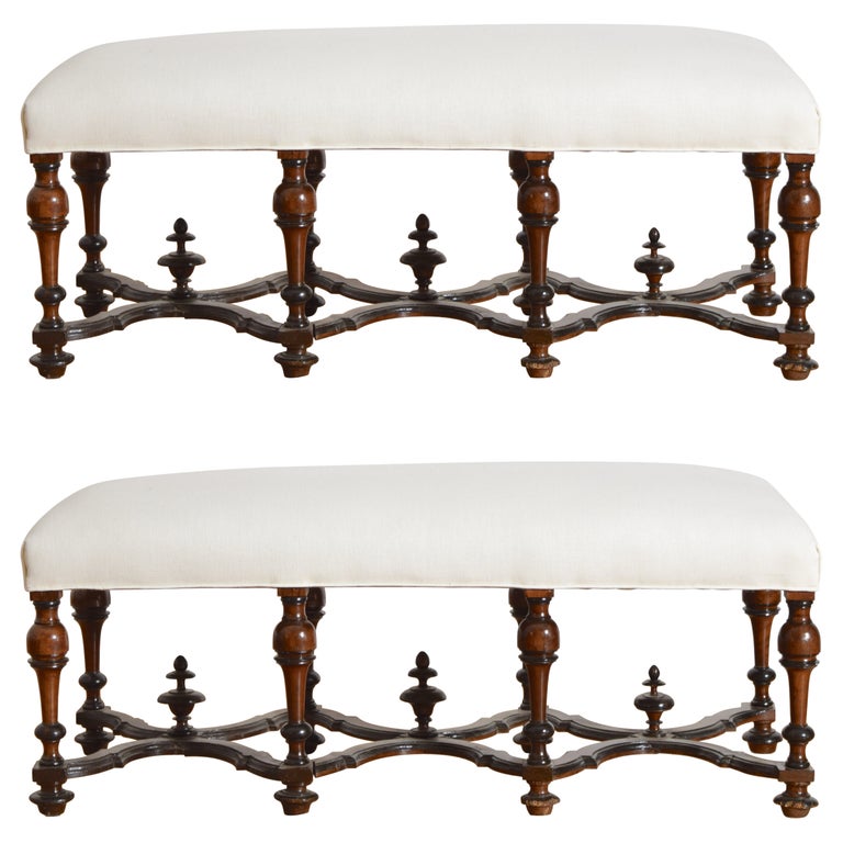 Pair of Walnut, Ebonized, and Upholstered Benches