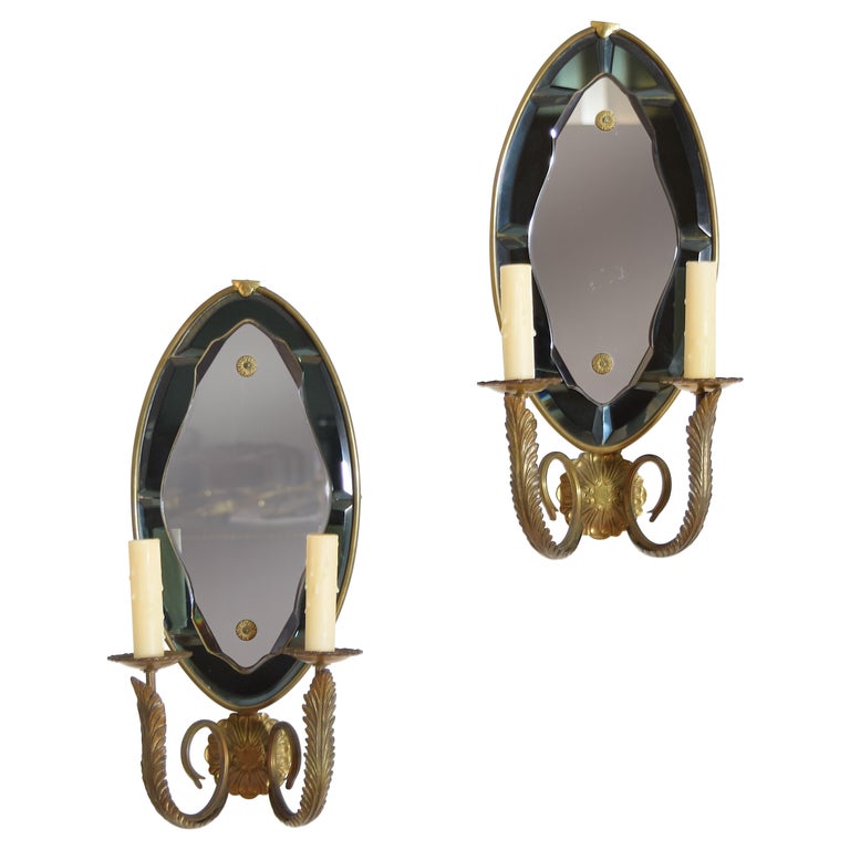Pair of Brass and Beveled Glass 2-Arm Sconces