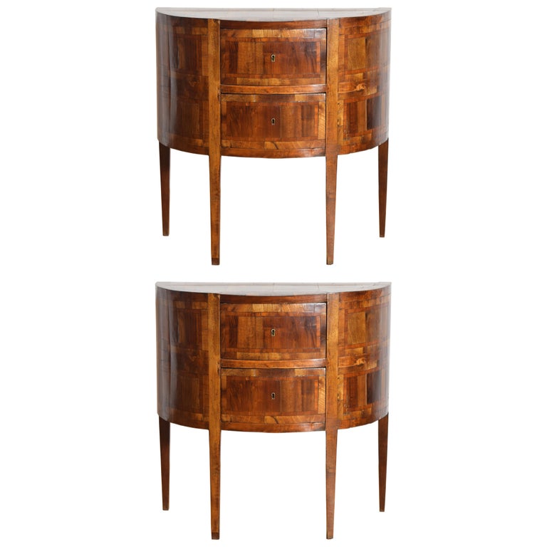 Pair of Veneered and Inlaid Demilune 2-Drawer Commodes