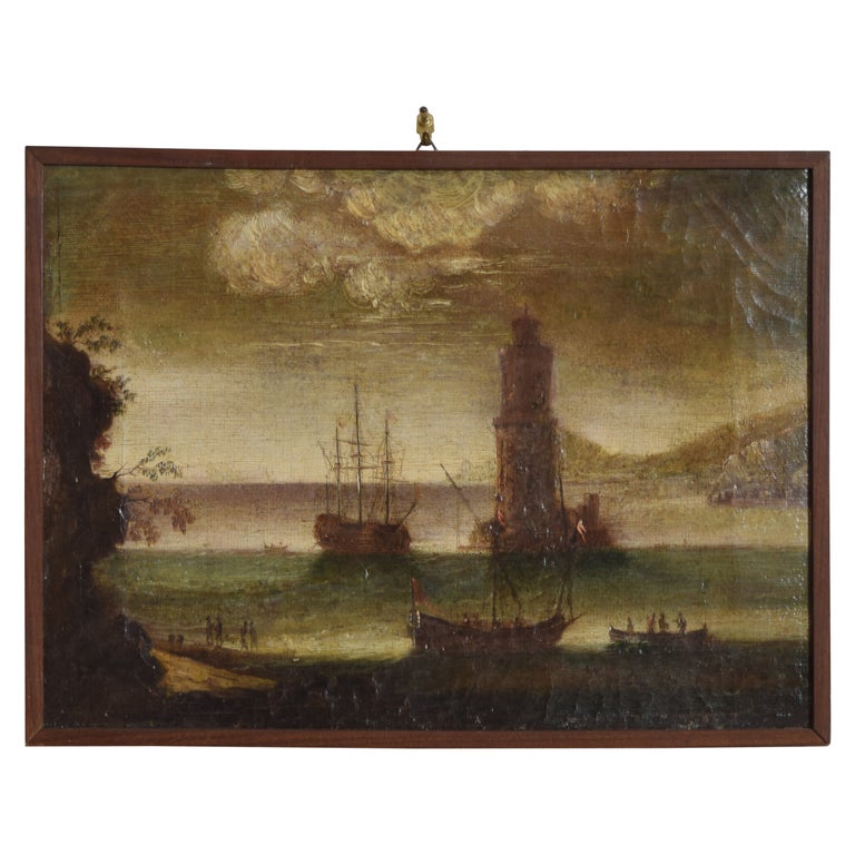 Oil on Canvas, Harbor with Galleon and Tower
