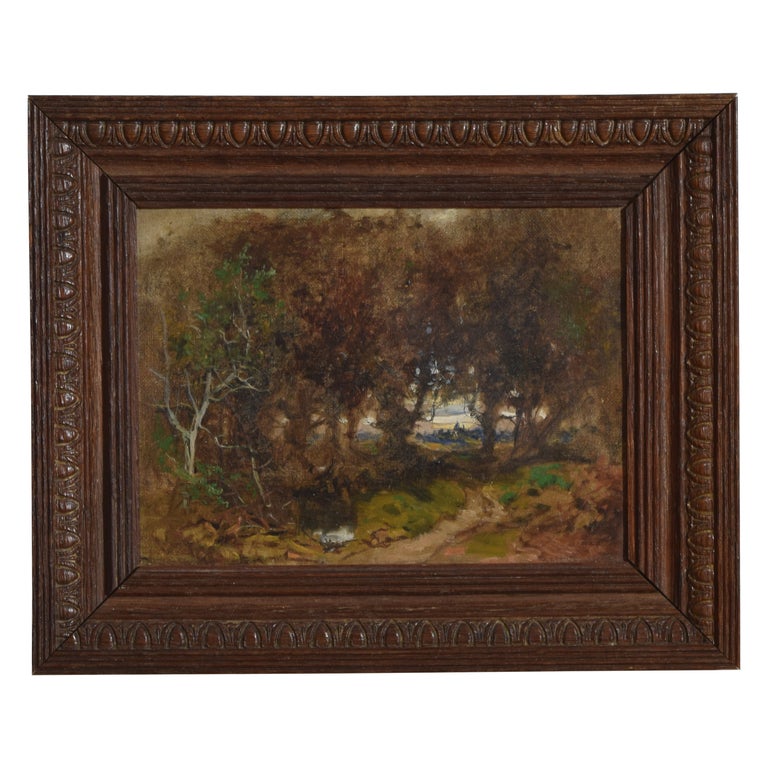 Oil on Canvas, Woodland Path with Village in Distance