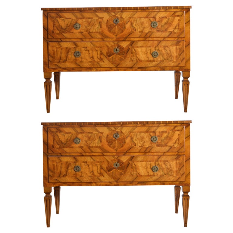 Pair of Boldly Veneered 2-Drawer Commodes