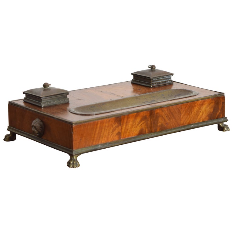 Walnut Veneer and Brass Inkwell