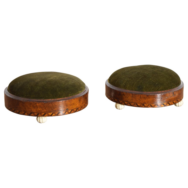 Pair of Walnut Veneered and Upholstered Round Footstools