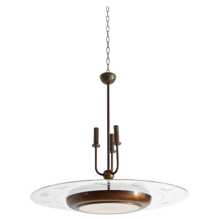 Brass and Glass Zodiac Ring 6-Light Chandelier